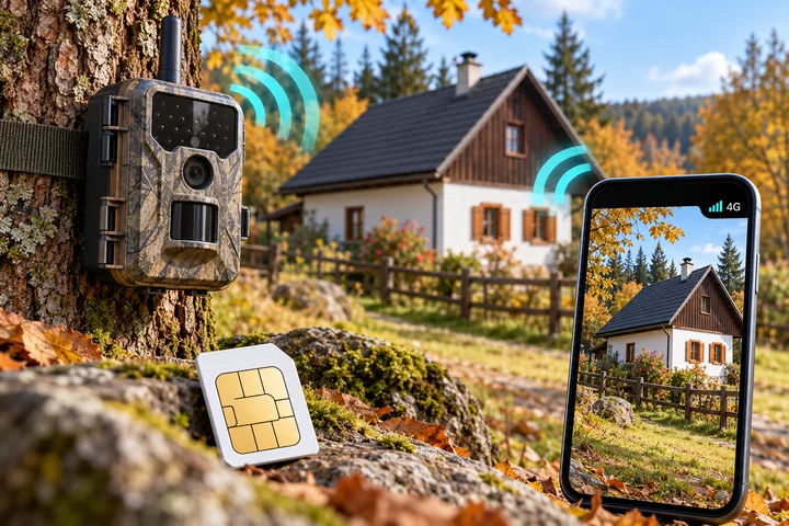 Ilustrace přenosu obrazu z fotopasti přes 4G do telefonu; v popředí je SIM karta